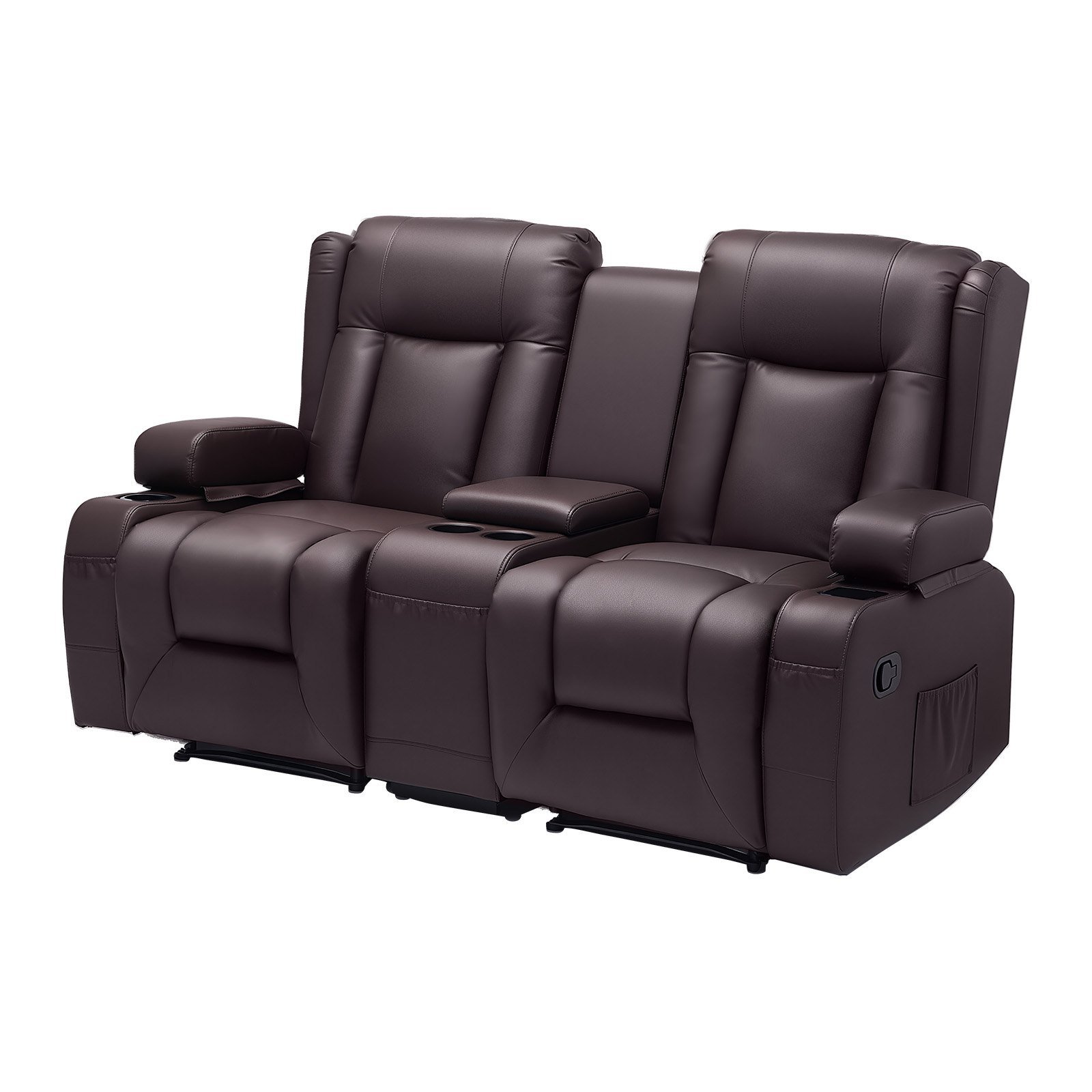 Loveseat Recliner Sofa, Manual Reclining Couch With Center Console, PU Faux Leather Recliner Sofa With USB Ports, Cup Holders And Storage Bags, Dual Loveseat Chair For Living Room/RV, Brown