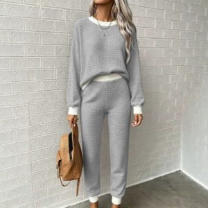 Womens Casual Waffle-Weave Drawstring Crew-Neck Sweatshirt And Pants Two-Piece Set